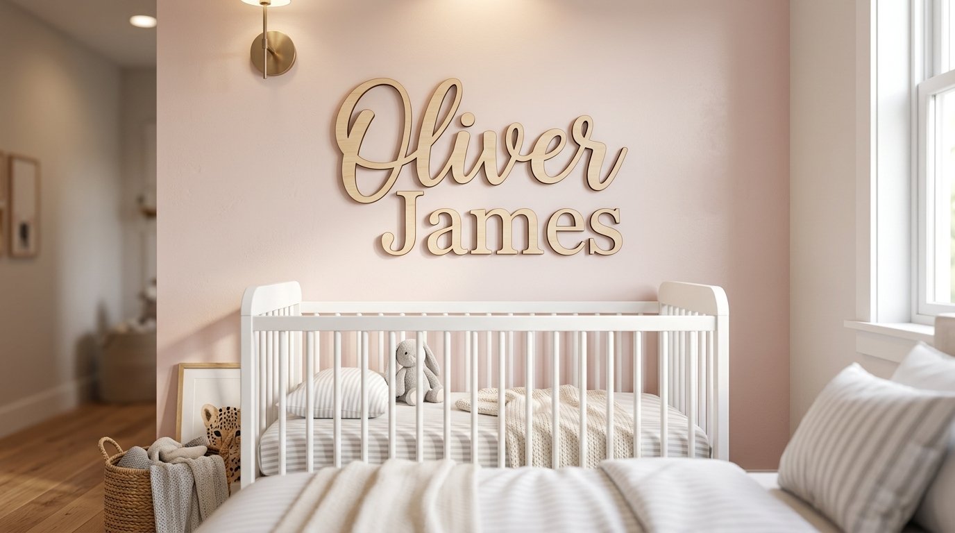 Wooden script name Oliver James mounted on a soft pink nursery wall above a white slatted crib.