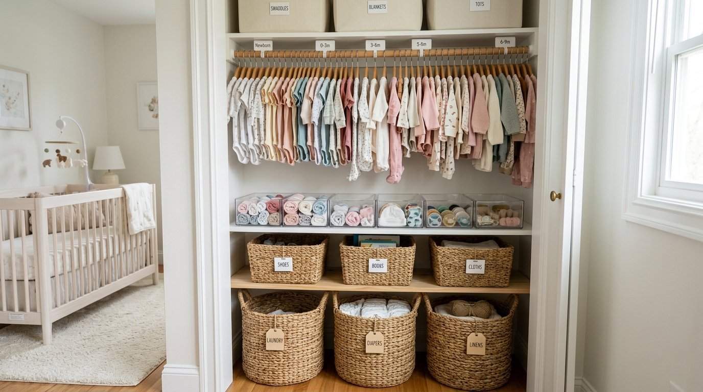 Baby closet featuring rows of hanging infant clothes and labeled wicker baskets for shoes, books, and laundry.