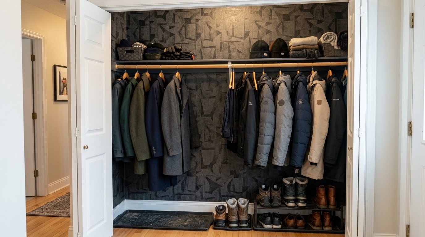 Row of winter coats on hangers and boots on a shoe rack inside a closet with dark patterned wallpaper.