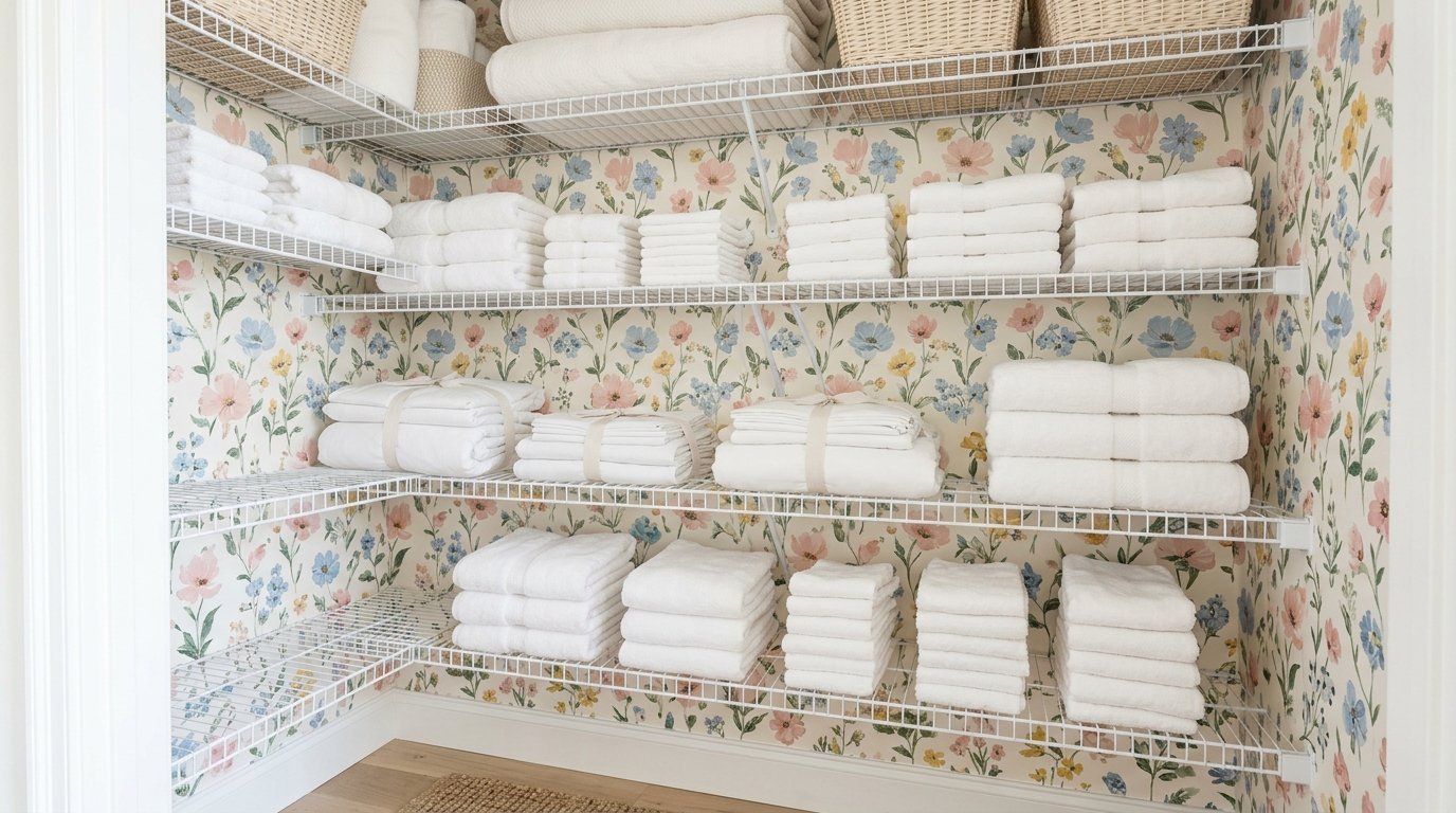 Stacks of white towels and linens arranged on wire shelving against a vintage floral wallpaper background.