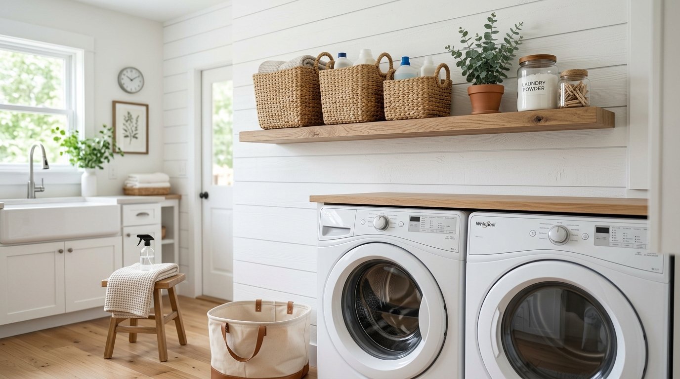 A bright laundry room featuring a wood shelf with woven baskets, laundry powder jars, and a potted plant.