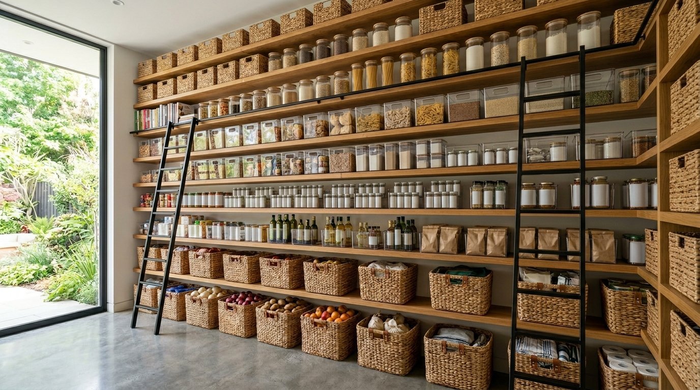 Spacious pantry featuring wooden shelving, clear food containers, and woven baskets with a sliding black ladder.