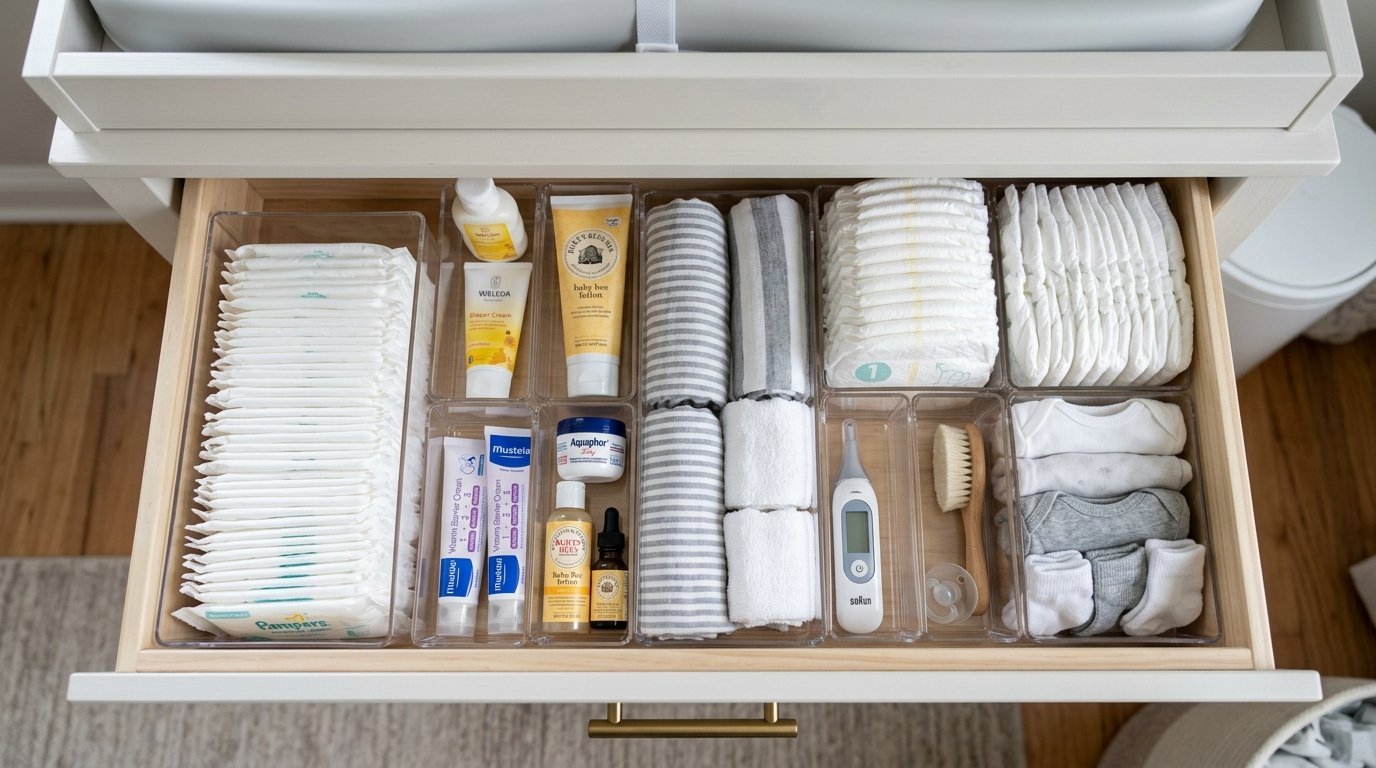 Top view of an open white drawer featuring clear dividers filled with diapers, baby creams, onesies, and grooming tools.