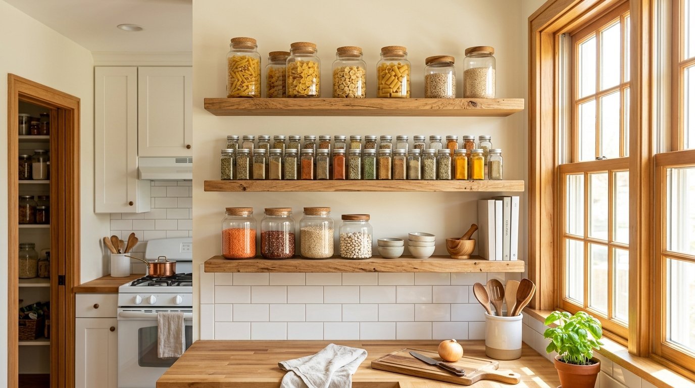 Three rustic wooden shelves mounted on a white kitchen wall, filled with uniform glass jars of dry goods and spices.