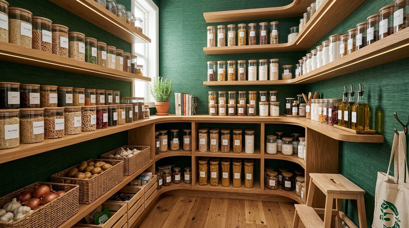 Wooden pantry shelves featuring neatly arranged labeled food jars and woven storage baskets against green walls.