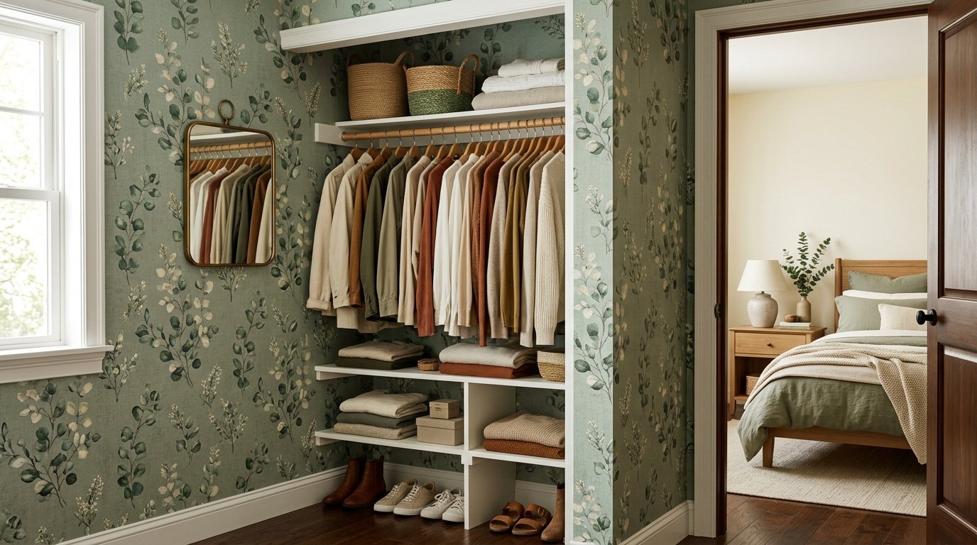 Closet with hanging earth-tone sweaters, neatly folded clothes, and woven baskets against floral green wallpaper.