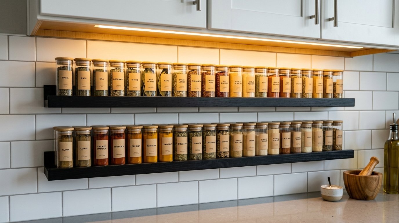 Rows of uniform spice jars with bamboo lids displayed on two dark wood shelves against a white subway tile backsplash.