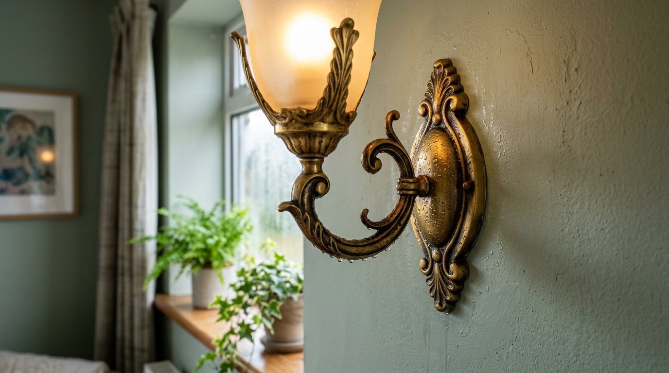 Close up of an antique style brass wall lamp with frosted glass next to a window and house plants.