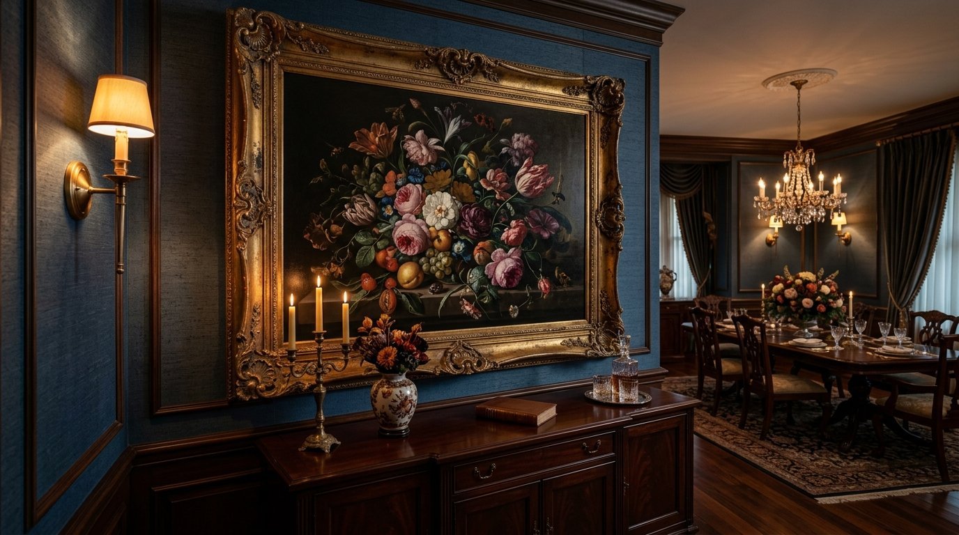 A large gold-framed floral still life painting hanging above a dark wooden sideboard in a luxury dining room.