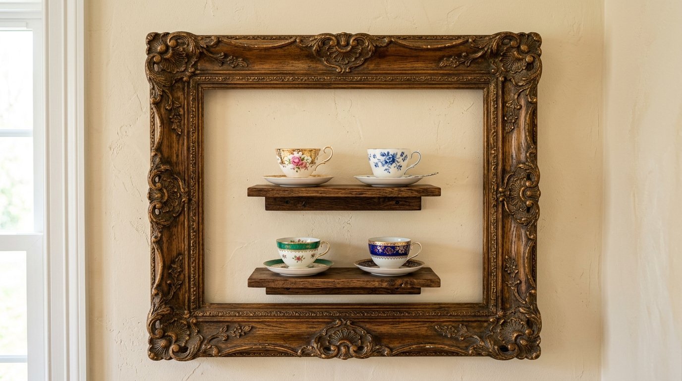 Antique ornate wooden frame wall display with two small shelves holding floral and patterned porcelain tea cups.