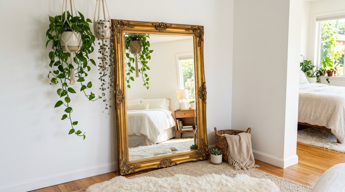 An oversized ornate gold mirror leaning against a white wall next to hanging potted plants in a bright bedroom.