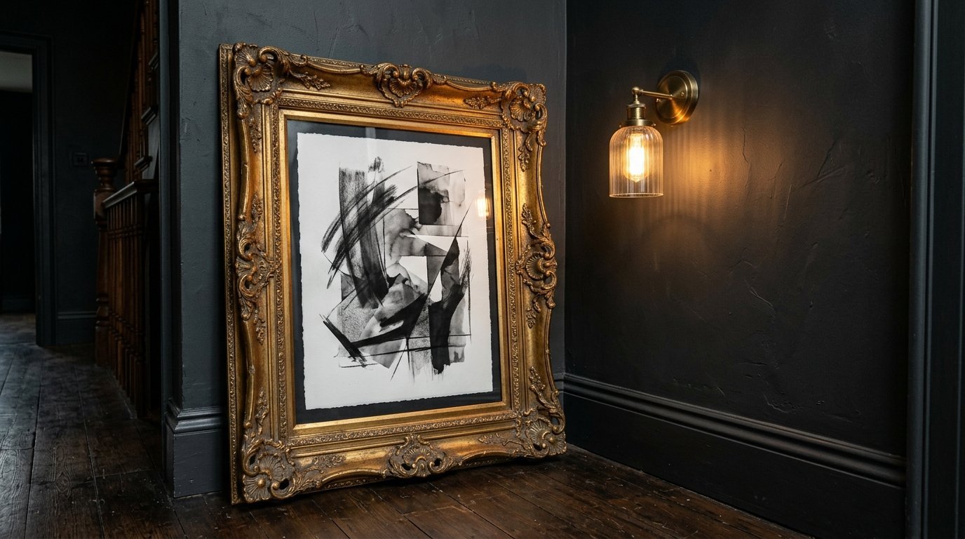 A framed abstract black and white print leaning against a dark wall next to a warm brass wall sconce.