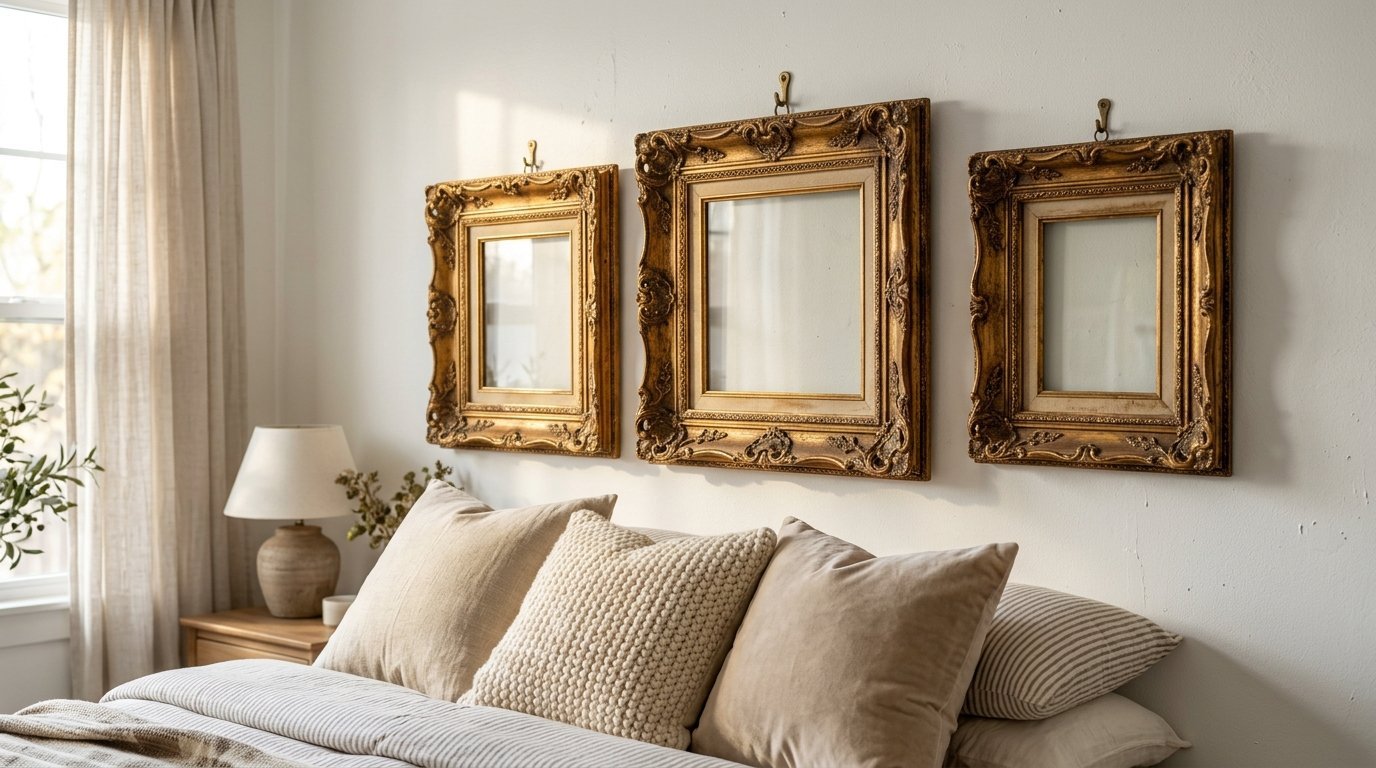 Three decorative vintage gold frames mounted on a wall over a bed with cream and beige textured pillows.