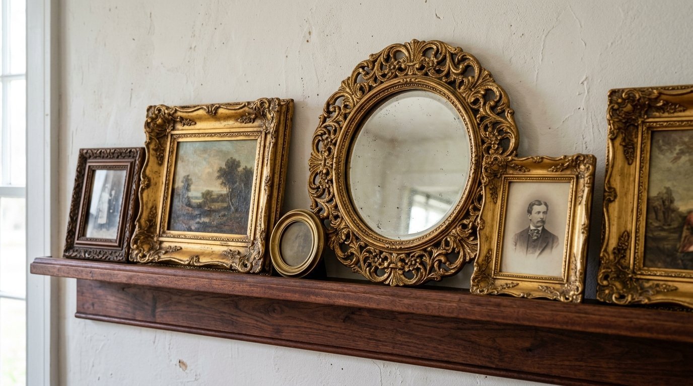 Vintage picture frames and a decorative oval mirror displayed on a wooden mantelpiece against a white textured wall.