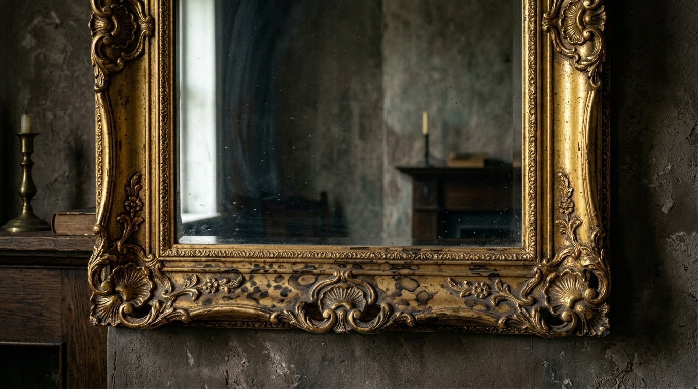 An antique wall mirror with heavy decorative gold framing mounted on a dark textured wall.
