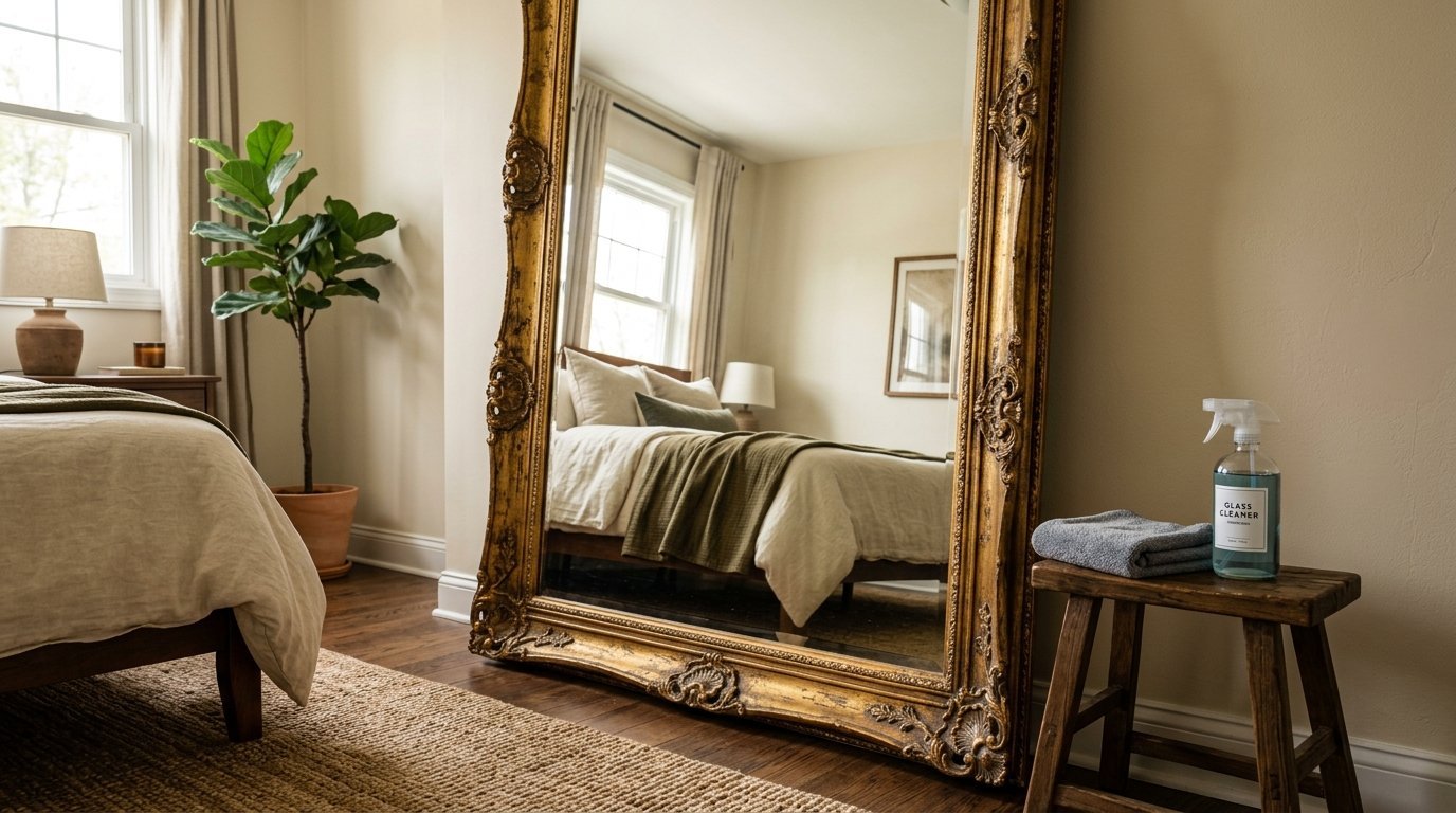Large vintage gold mirror reflecting a bedroom with a bottle of glass cleaner and a cloth on a wooden stool.