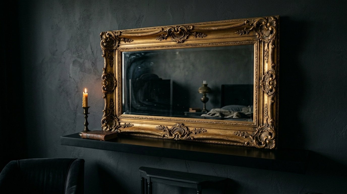 An antique gold ornate mirror reflecting a bedroom interior mounted on a textured matte black wall with a candle nearby.