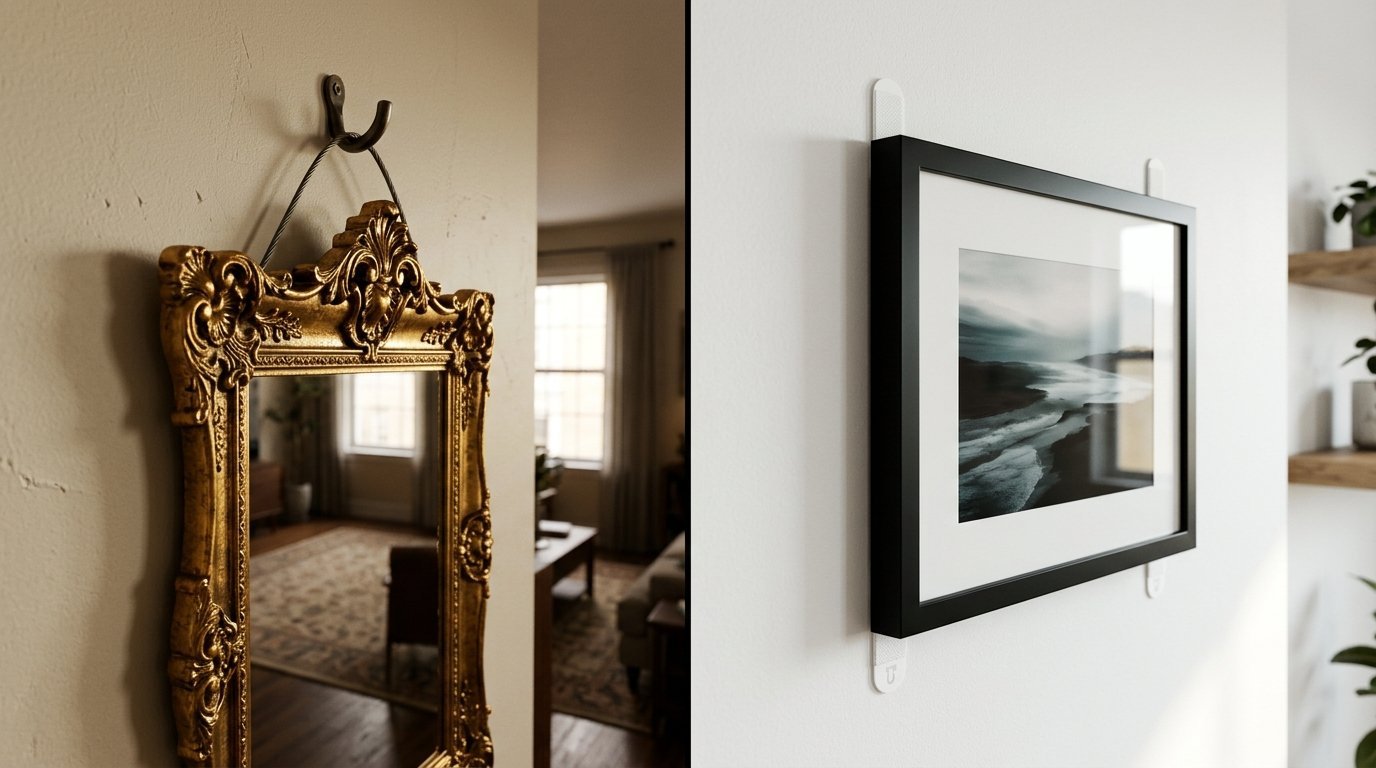 A close-up view showing an ornate gold mirror on a beige wall beside a framed black and white landscape art print.