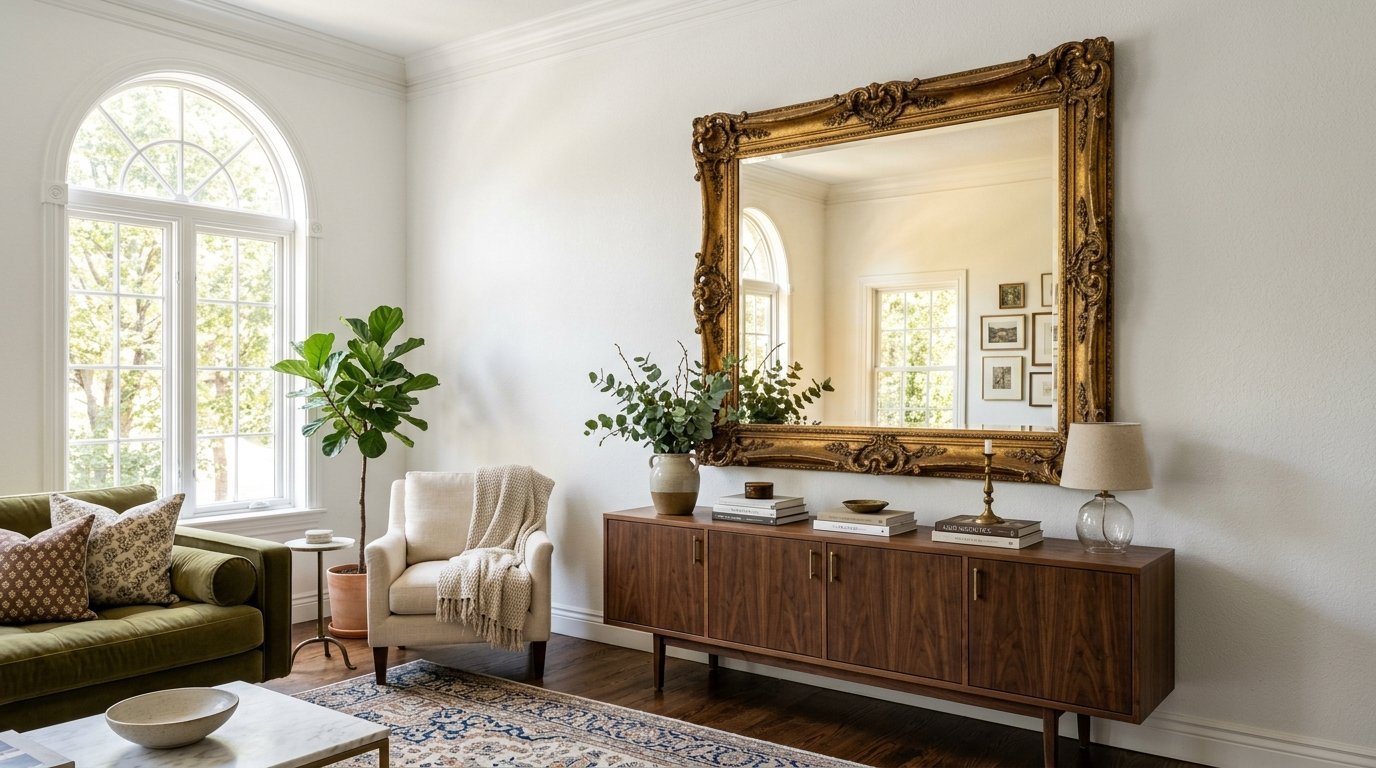 A decorative antique gold mirror on a white wall above a long walnut console table in a bright, modern living space.