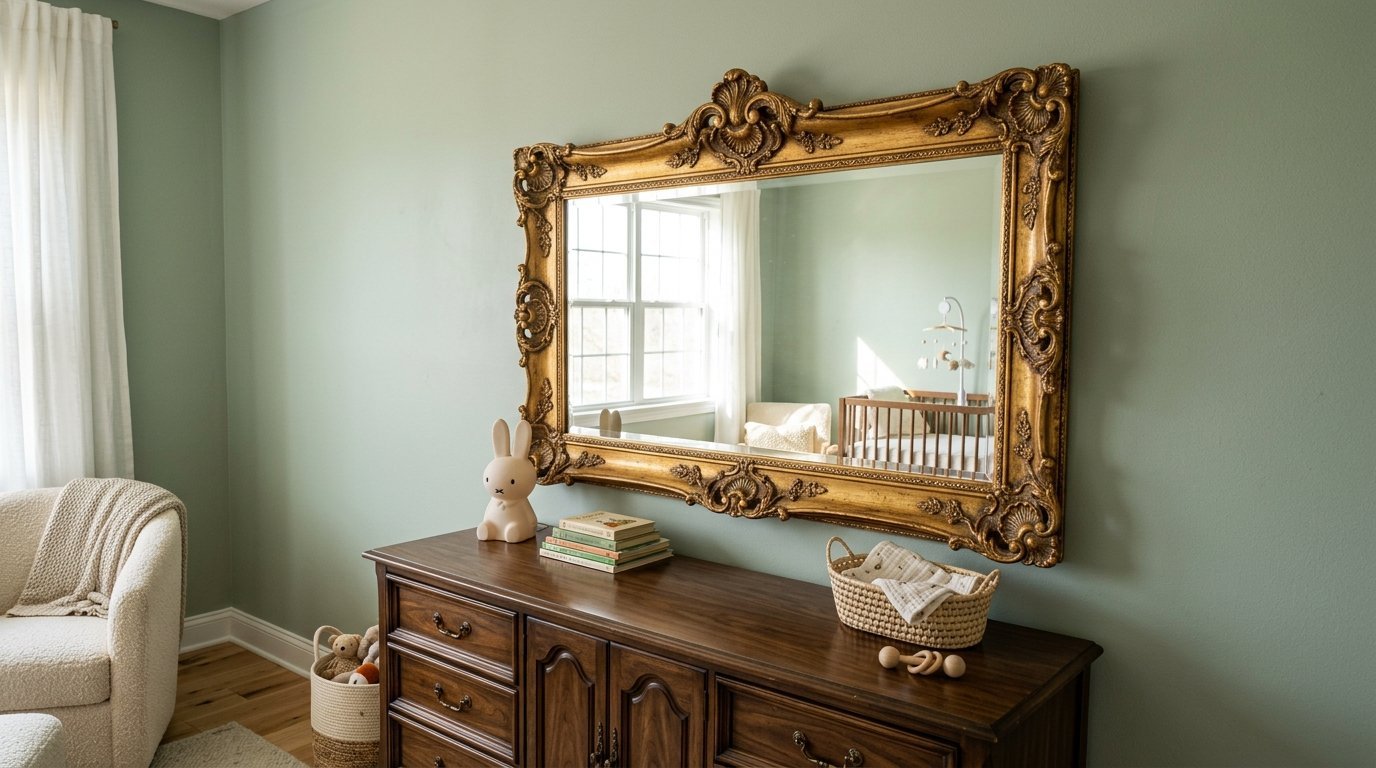 Ornate gold mirror reflecting a baby crib in a light green nursery room with a wooden dresser.