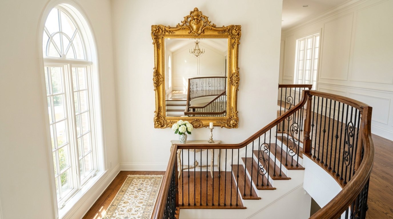 A hallway landing with a sweeping wooden staircase and a large, gilded ornate mirror hanging on the wall.