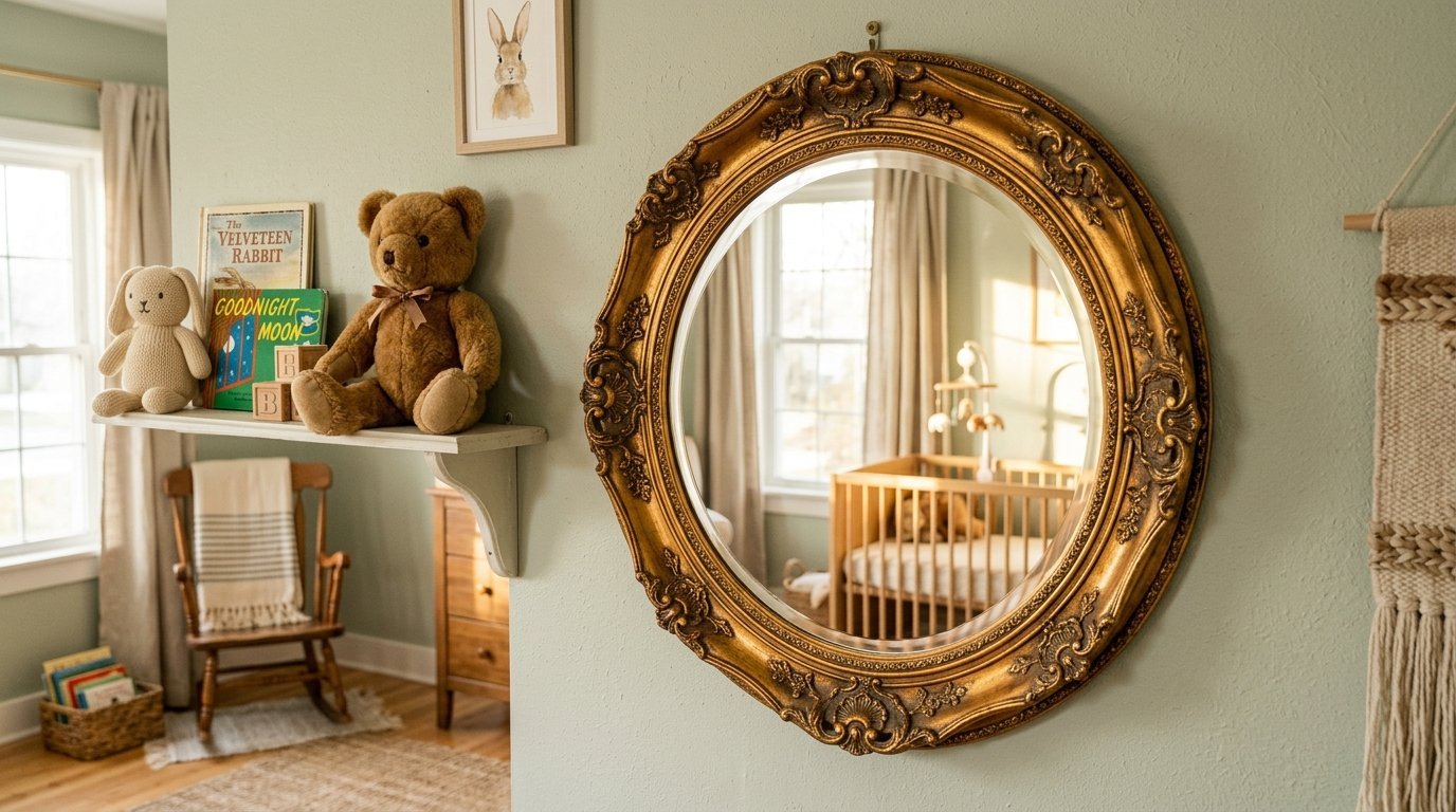 A vintage-style oval gold mirror on a sage green wall next to a shelf with a teddy bear and children's books.