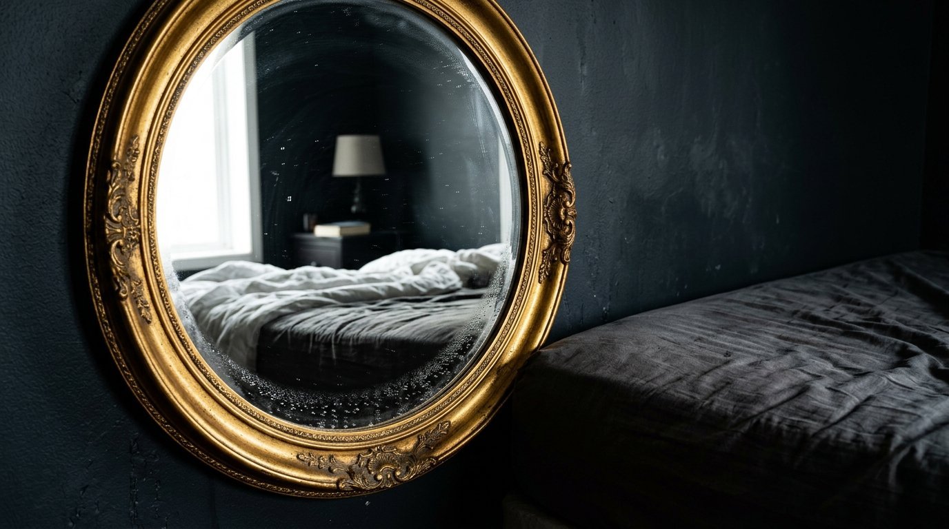 Round gold vintage mirror hanging on a dark wall reflecting a messy bed and a nightstand lamp.