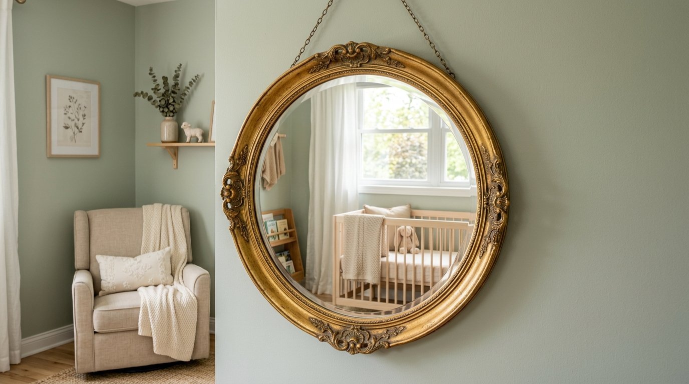 Round antique gold mirror hanging on a sage green wall, showing a nursery with a crib and rocking chair in reflection.
