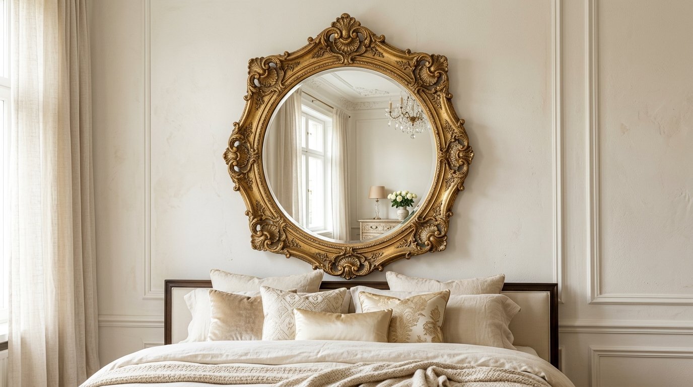 A decorative antique gold mirror with an intricate frame mounted on a white wall above a beige upholstered bed.