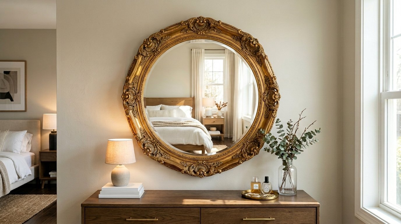 Round antique-style gold mirror hangs above a wooden dresser with a small lamp and vase of eucalyptus.