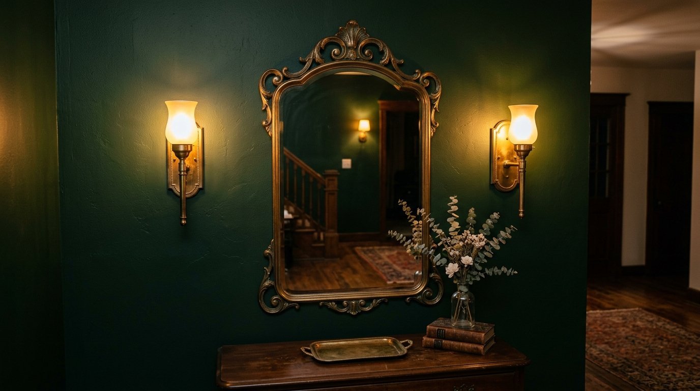 Decorative gold mirror between two wall sconces above a wooden console table with eucalyptus and books.