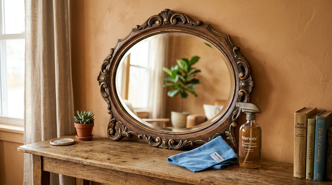 An antique oval wall mirror sits on a rustic wooden console table with glass cleaner and a blue microfiber cloth.