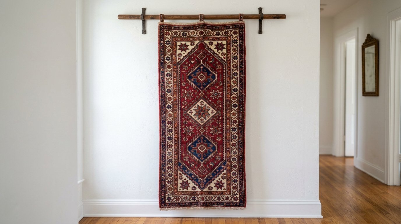 A colorful antique-style rug with diamond motifs hanging vertically on a white wall above a wooden floor.