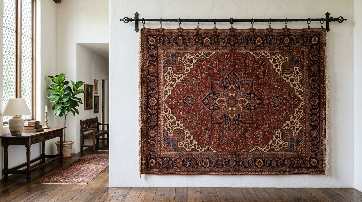 Large red and blue patterned rug hanging from a black iron rod on a white interior wall.
