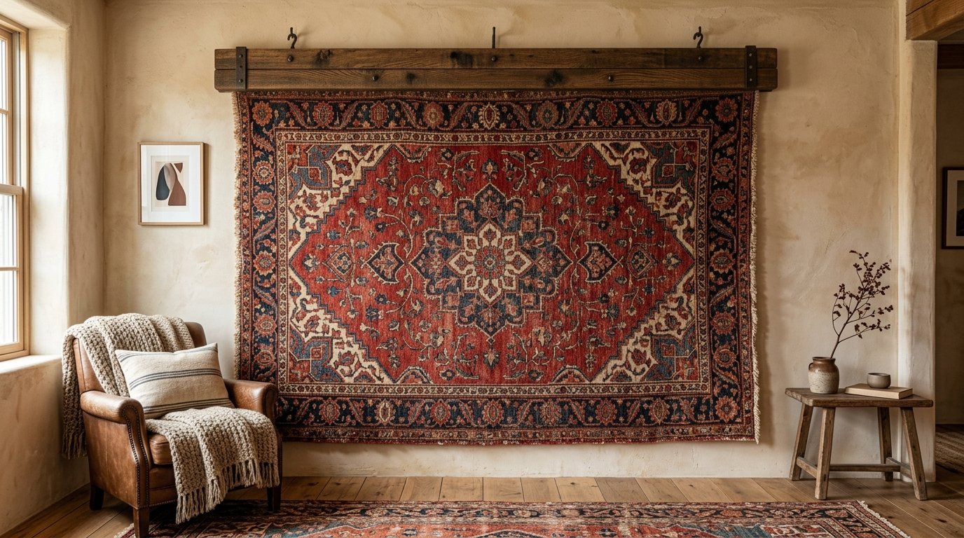 A detailed red and blue patterned rug hanging from a rustic wooden beam above a leather armchair.