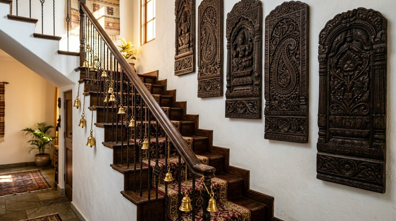 A rustic wooden staircase features a patterned carpet runner and brass bells hanging from the iron railing.