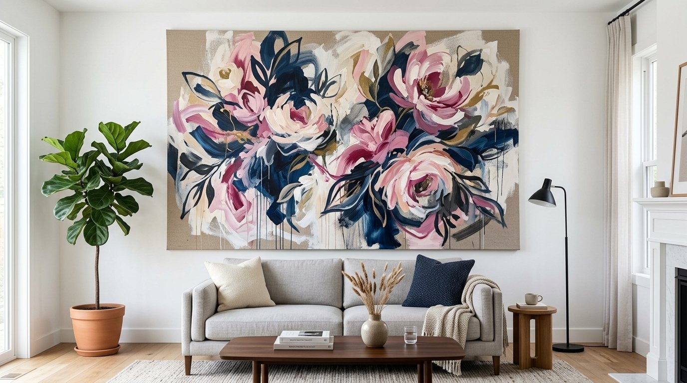 Large canvas featuring colorful pink and navy blue painted flowers hanging over a light grey mid-century modern sofa.
