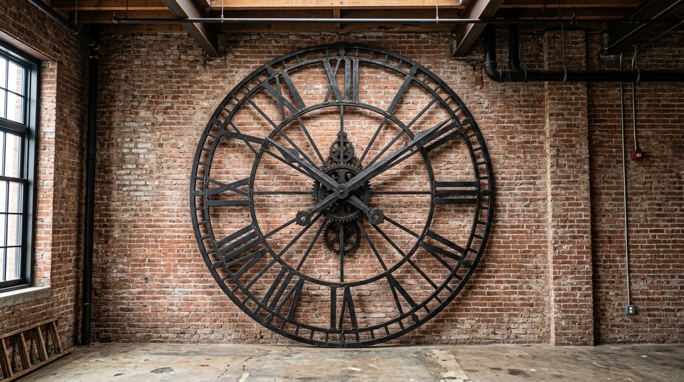 A giant skeletal iron clock with Roman numerals displayed against a rustic brick warehouse wall.