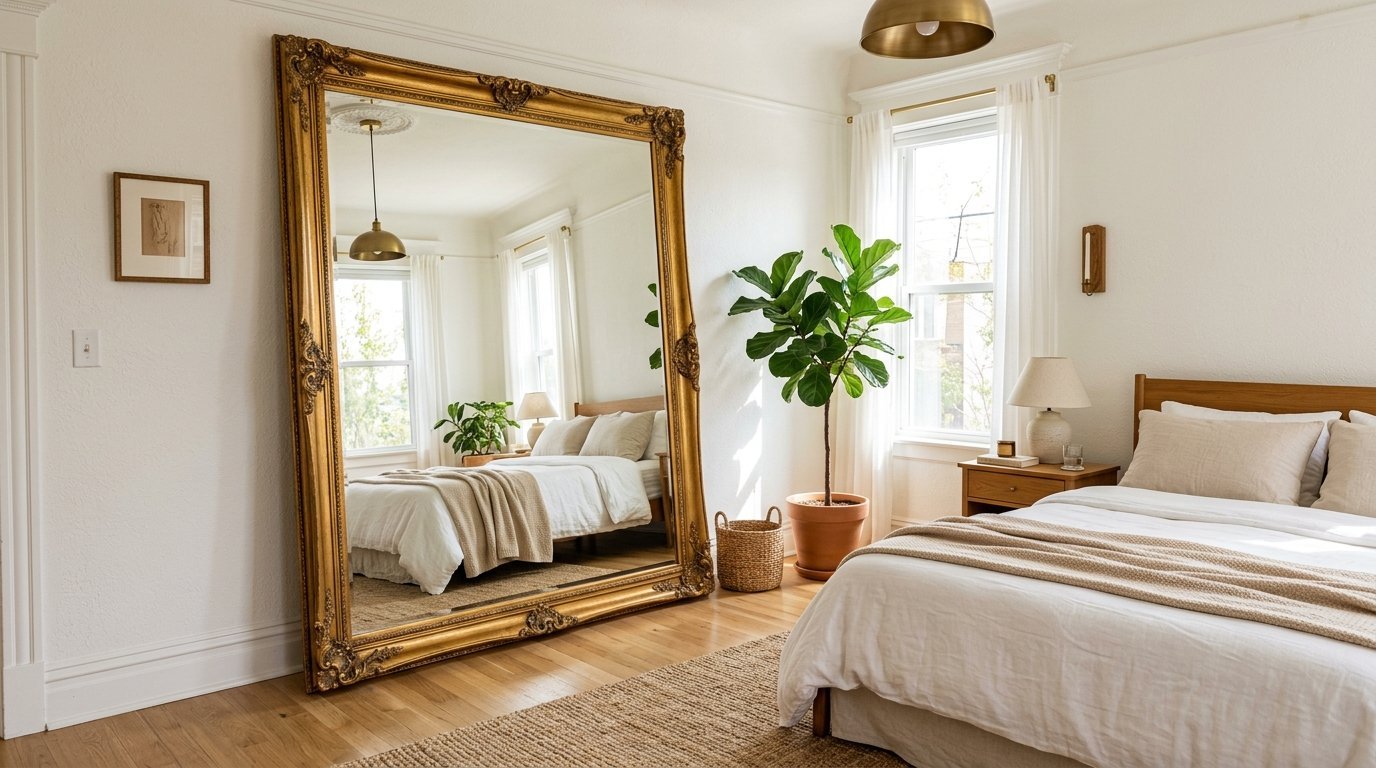 A large rectangular gold-framed mirror stands in a sunlit bedroom with neutral bedding and a potted fiddle leaf fig tree.