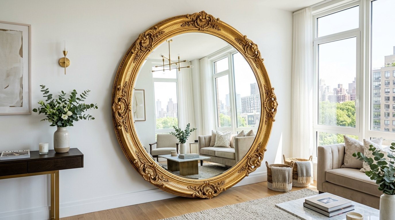 A massive circular gold-framed mirror leans against a wall in a sunlit apartment, reflecting the living room interior.