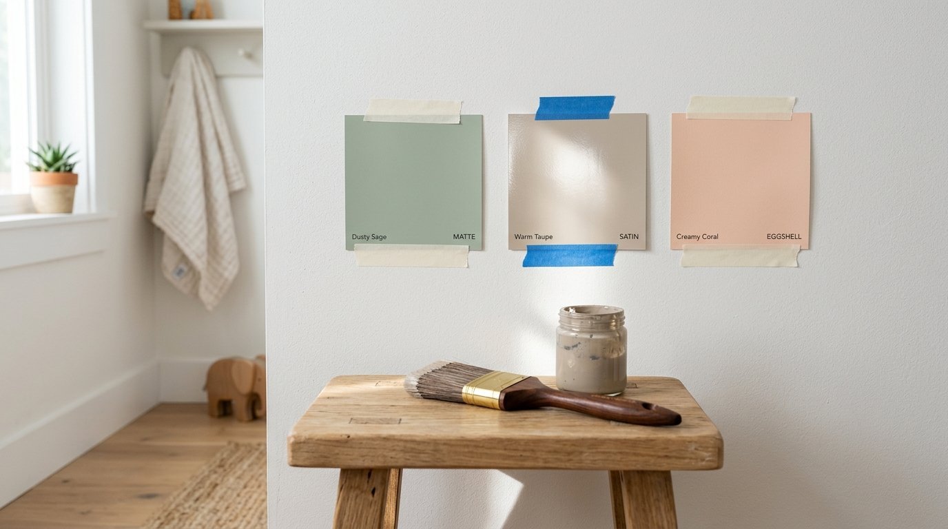 Dusty sage, warm taupe, and creamy coral paint swatches taped to a wall above a wooden stool with a paintbrush.