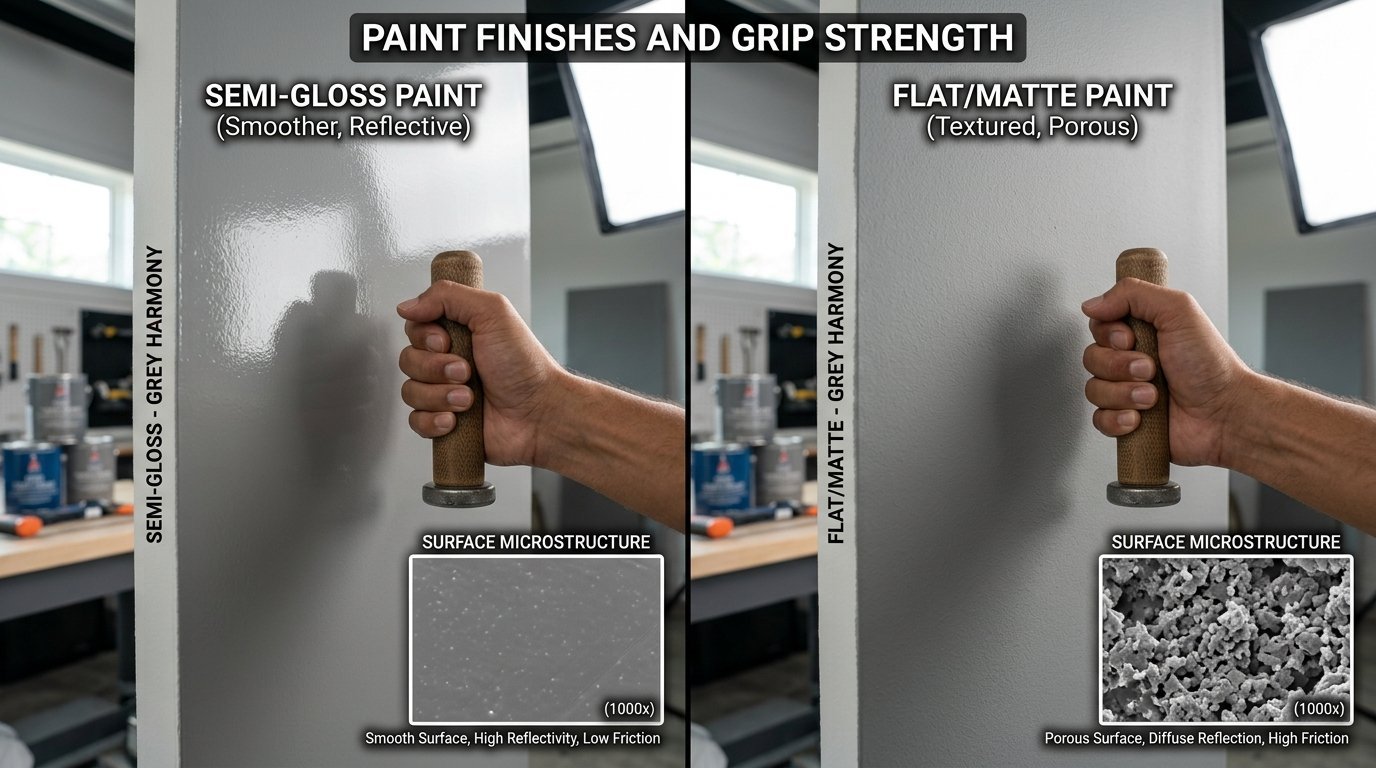 Comparison chart showing how paint texture affects grip, featuring microscopic views of smooth and porous surfaces.