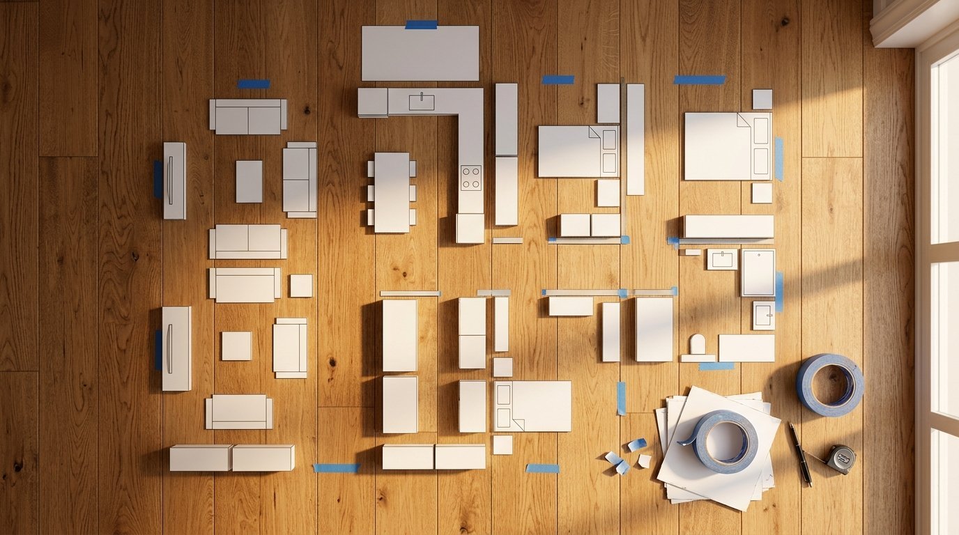 Top-down view of a house layout mapped out on wooden planks using white paper pieces and blue adhesive tape.
