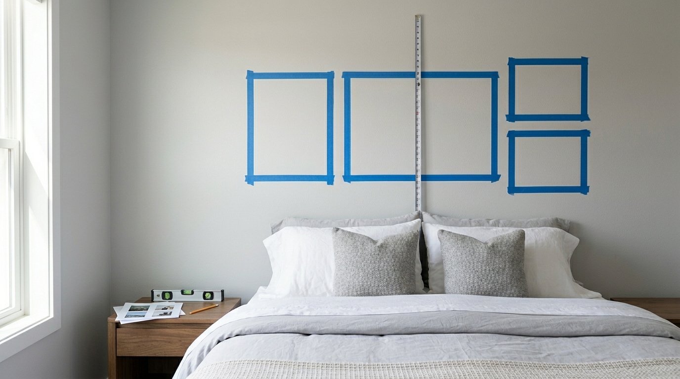 A beige wall features four rectangular outlines made of blue painters tape above a made bed with gray pillows.