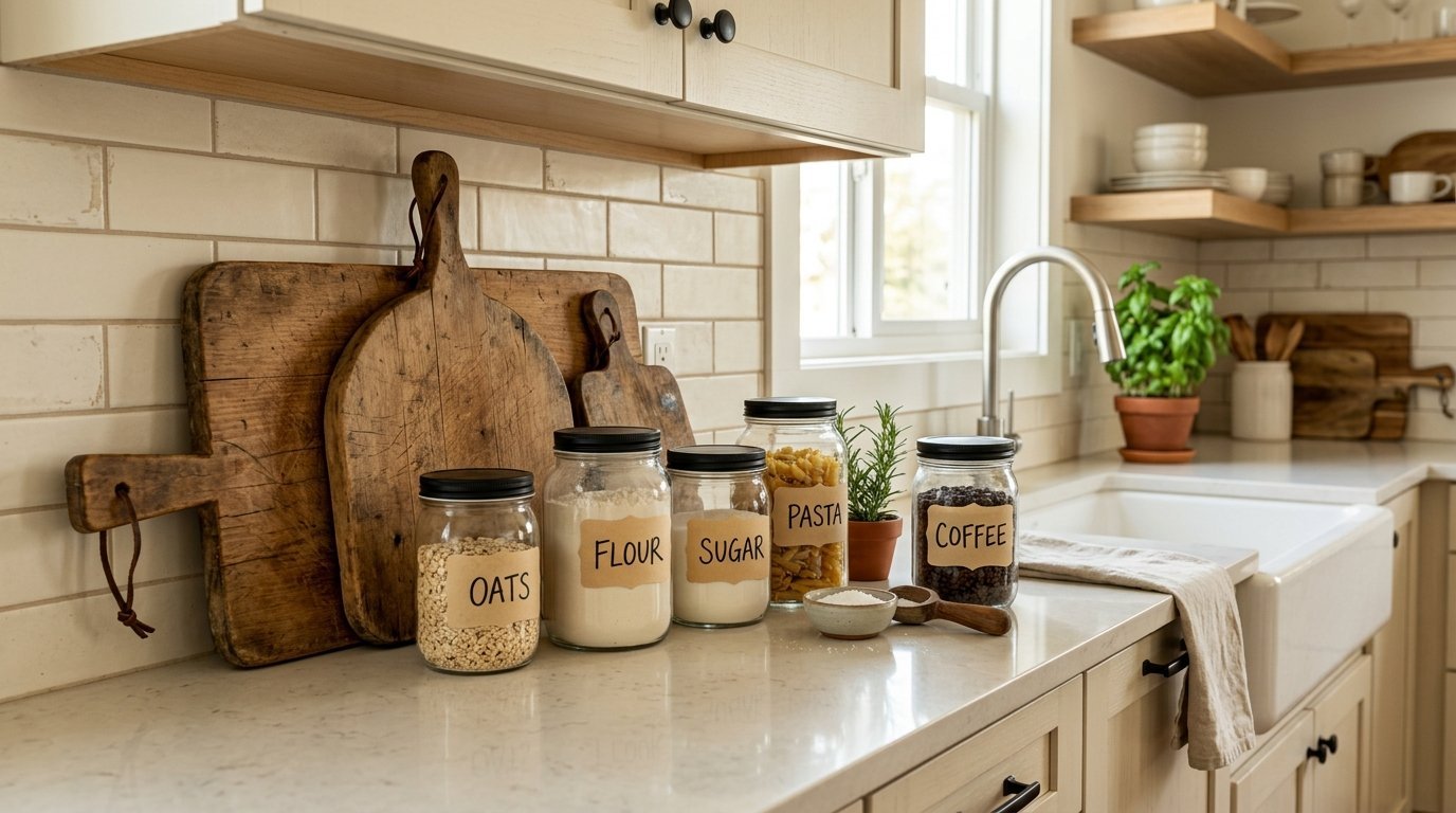 Row of labeled pantry canisters filled with oats, flour, sugar, pasta, and coffee beans on a kitchen countertop.