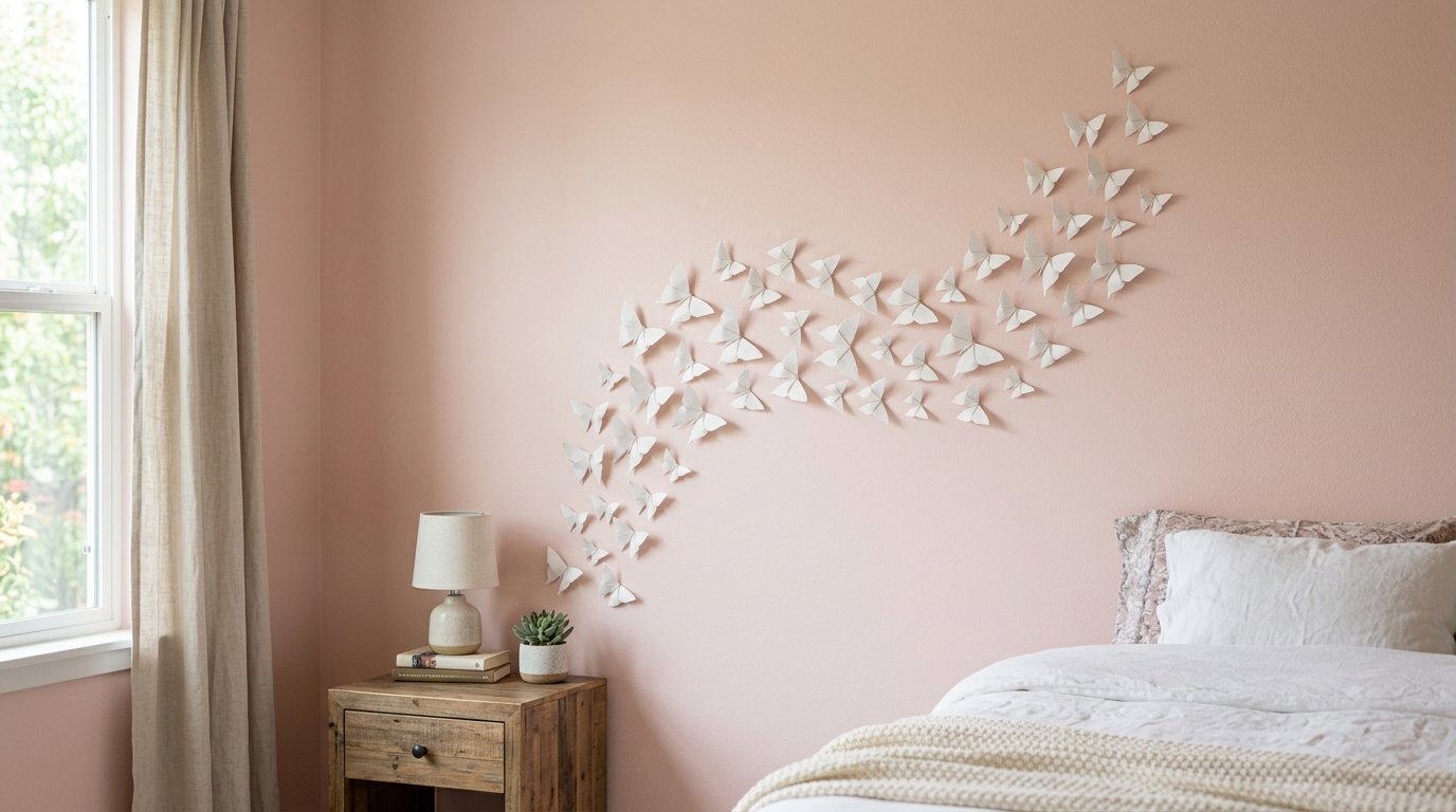 White paper butterflies arranged in a flowing wave pattern on a soft pink bedroom wall above a nightstand.