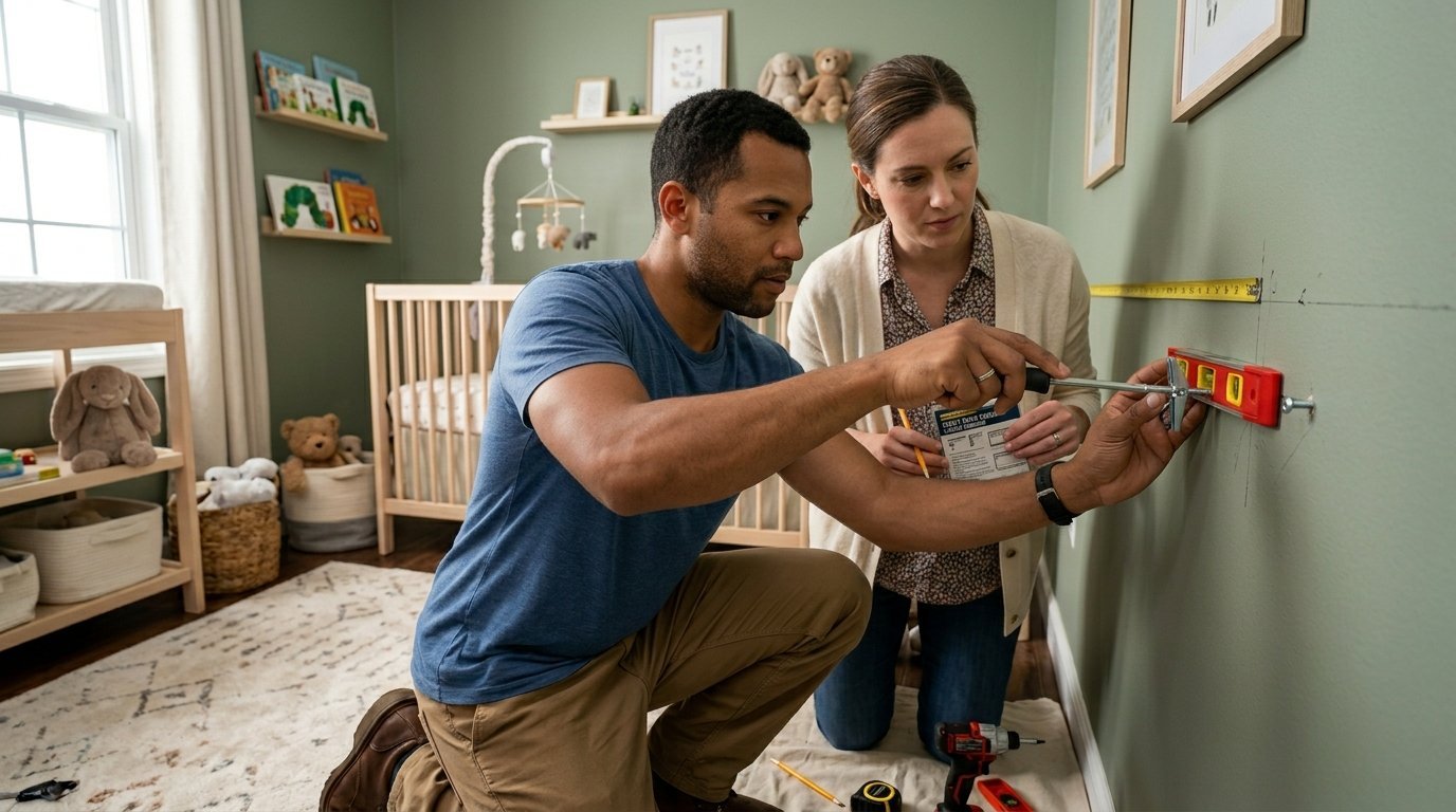 Man and woman using a level and screwdriver to mount hardware on a green nursery wall.