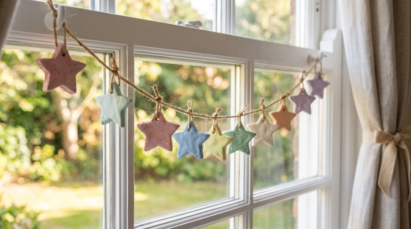 A rustic twine garland decorated with handmade clay stars in soft muted colors hanging across a white window frame.
