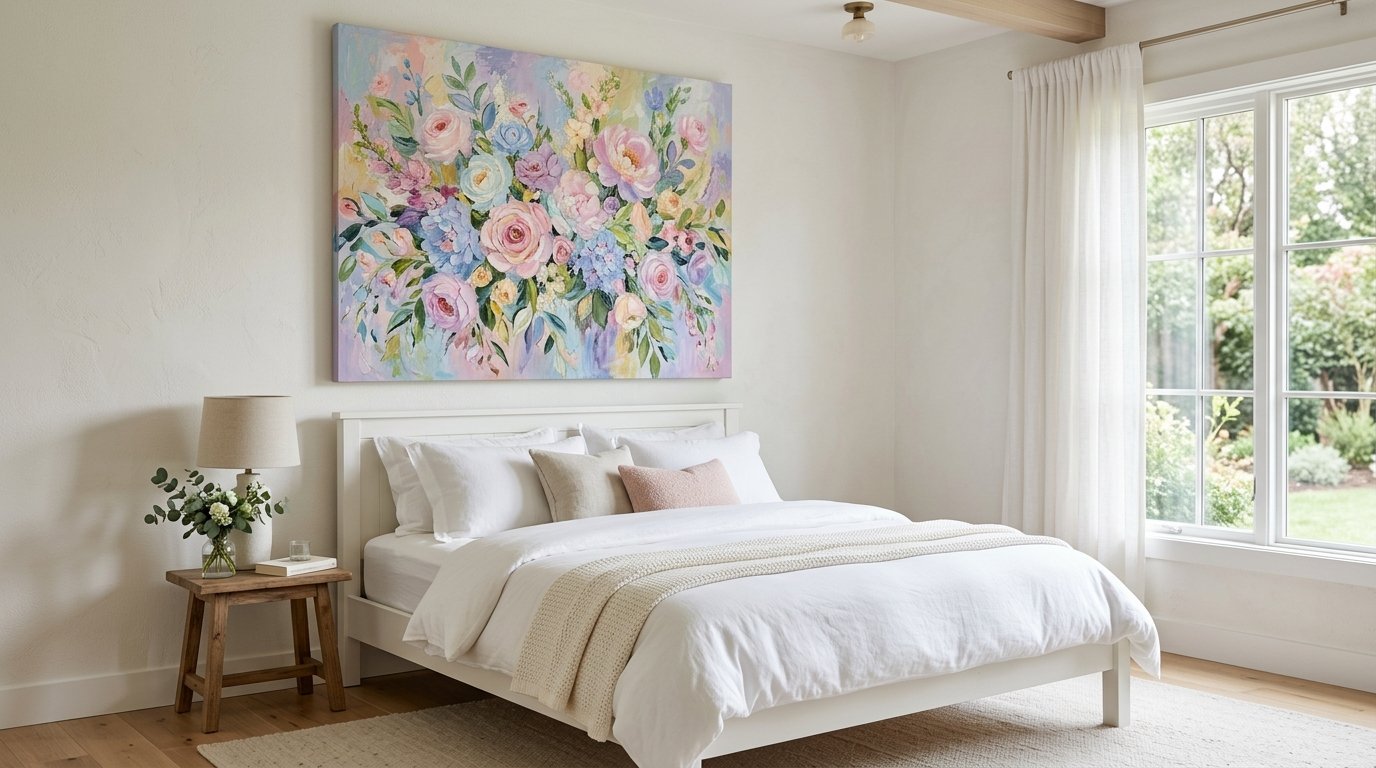 Colorful floral artwork displayed on a bedroom wall over a white bed frame with neutral bedding.