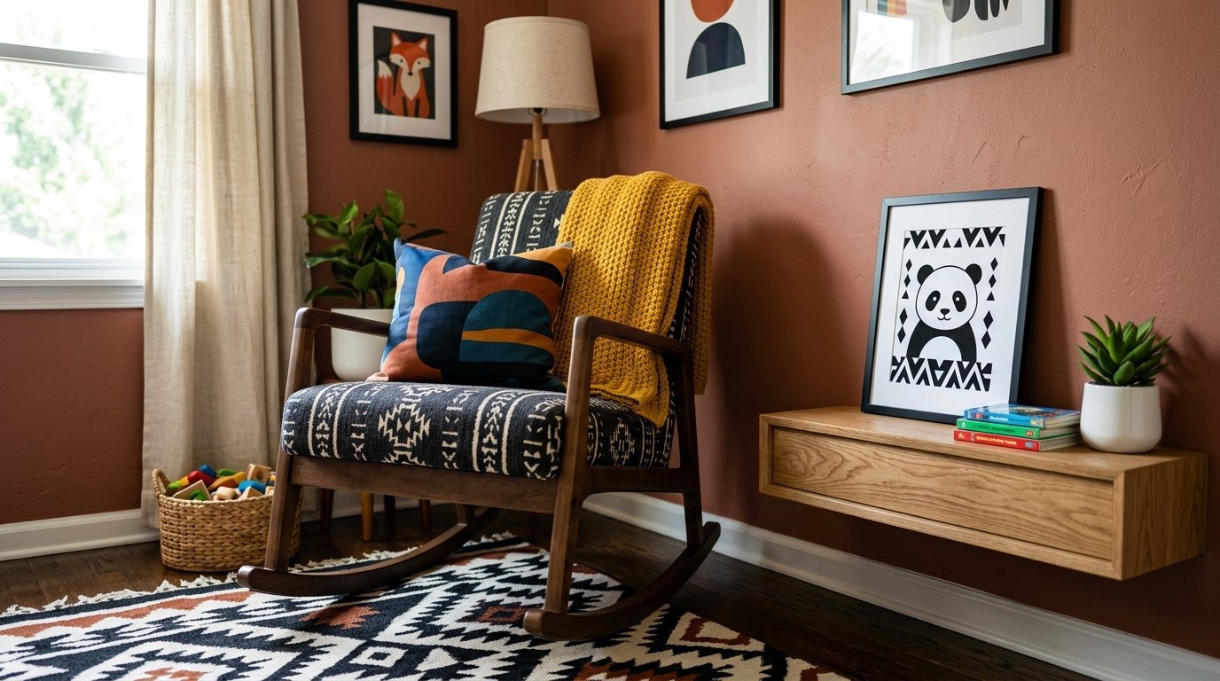 A mid-century style rocking chair with a mustard throw blanket sits in a terracotta room next to a wall-mounted shelf.